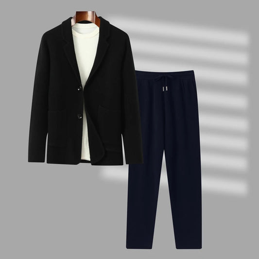 100%Cashmere Suit Men's Suit Collar Knitted Cardigan Business Casual Coat High Waisted Knitted Shorts Winter Thick Two-piece Set.