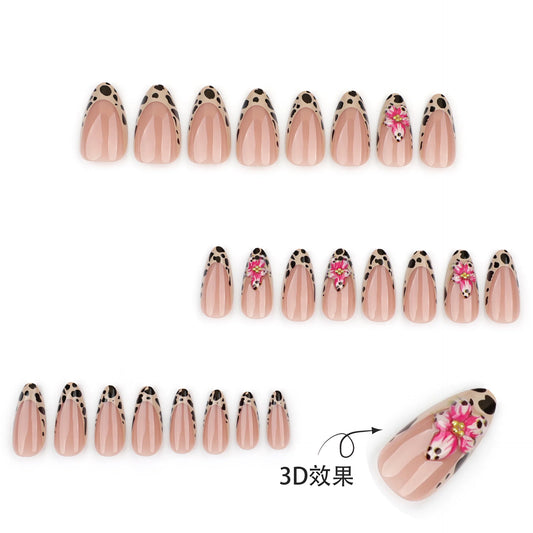 24pcs Brown French Leopard Print Press On Nails Stereo Pink Flower Designs Autumn False Nails Sweet Cool Almond Fake Nail Tips.