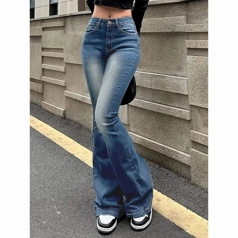 2025Mädchen Concise Ins Hohe Taille Ausgestellte Jeans Weibliche Stretchy Bootcut Denim Hosen Frauen Einfarbig Dünne Schlaghosen