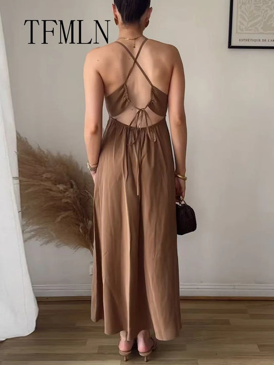 TFMLN Frauen Retro Sling Kleid Für Frauen Elegante Ärmellose V-ausschnitt Backless Mixi Kleid Dame EINE Linie Fashion Club Party Langes Kleid.