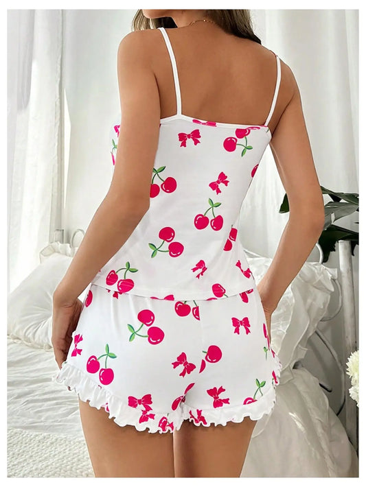 Sommer Neue frauen Pyjama Set Atmungsaktive Weiche Casual Print Cami Top und Rüschen Shorts Sweet Home Strap Shorts Pyjamas .