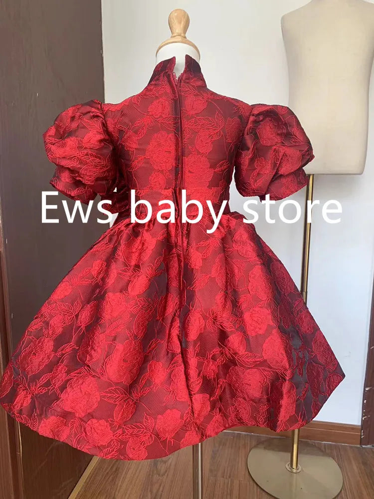 Sommer neue Kinder Prinzessin Ballkleid Kinder Bogen Puff Ärmel Design Hochzeit Geburtstag Taufe Party rote Kleider für eid a2051