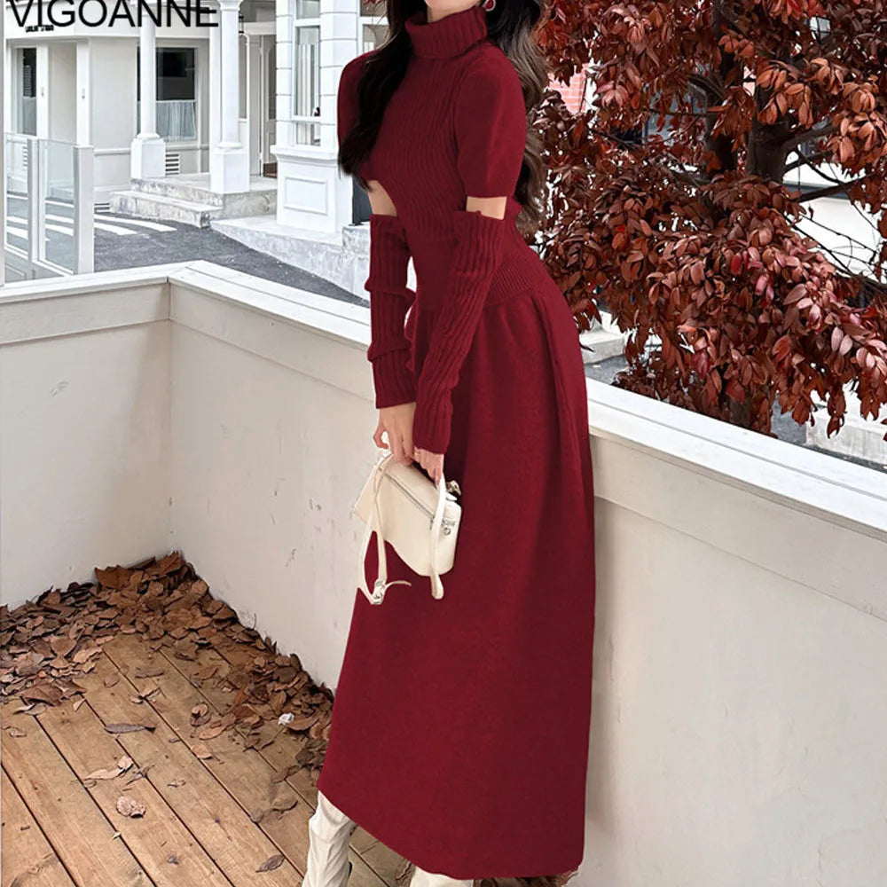 VigoAnne Spring Autumn 2025 Turtleneck Knit Woman 2 Piece Set Casual Solid High Waist Skirts Suits Korean Lady Long Dress Suit