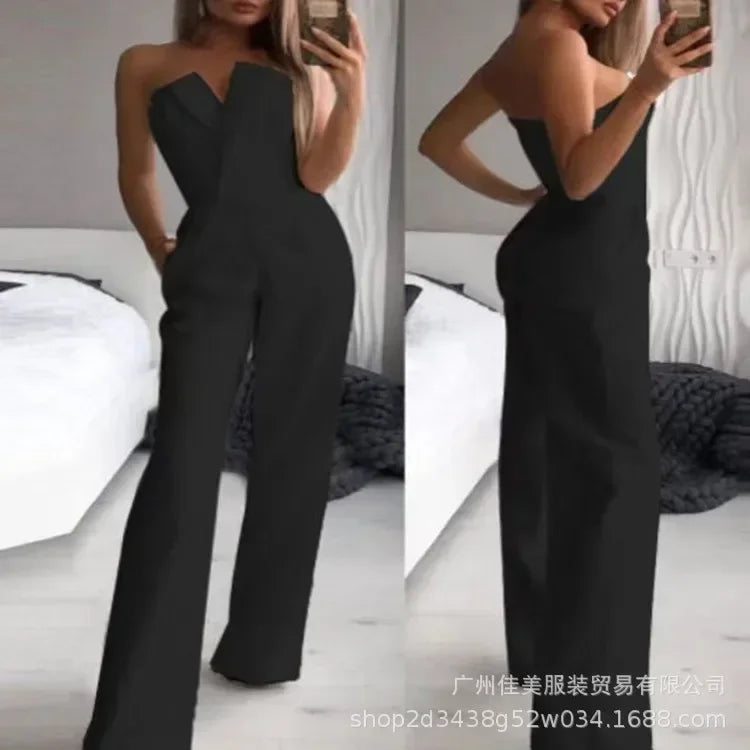 2025 Women's Elegant Jumpsuits Solid Off Shoulder Sexy Club Jumpsuit Female Sleeveless High Waist Slim Wide Leg Jumpsuit Pants.