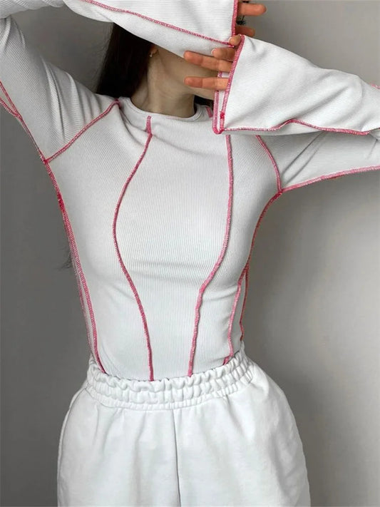 Frauen Patchwork T-Shirts Chic Casual Lange Flare Hülse Rundhals Gestrickte Rippen T-shirts Shirts Frühling Herbst Street Top