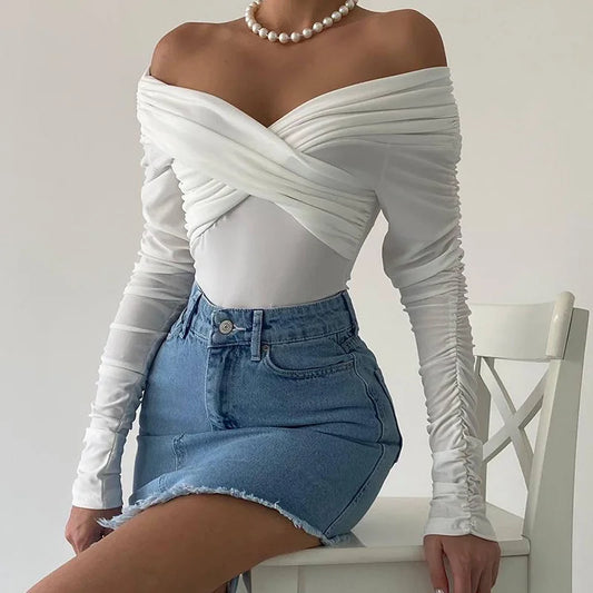 Cryptographic Fashion Ruched Sexy Backless Wrap Bodysuit Elegant Off Shoulder Slim Long Sleeve White Tops One Piece Skinny Fall.