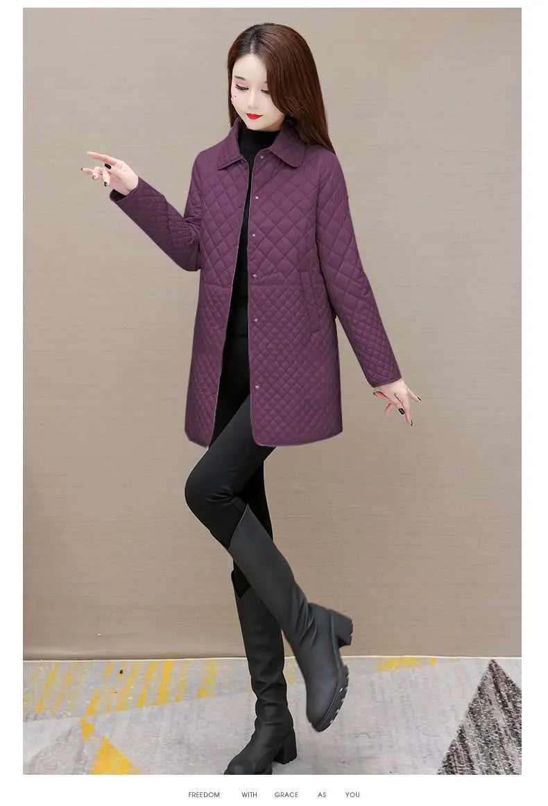 Herbst Winter Frauen Midi Plaid Stepp Mäntel Mode Weibliche Koreanische Kleidung Neue Feste Beiläufige Verdicken Warme Langarm Jacken