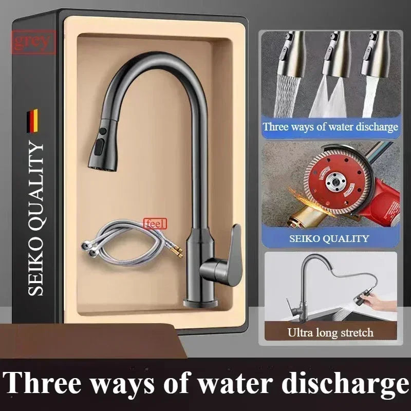 Kitchen Faucets Fine copper gun gray kitchen sink pull-out faucet household sink washbasin rotating hot and cold faucet