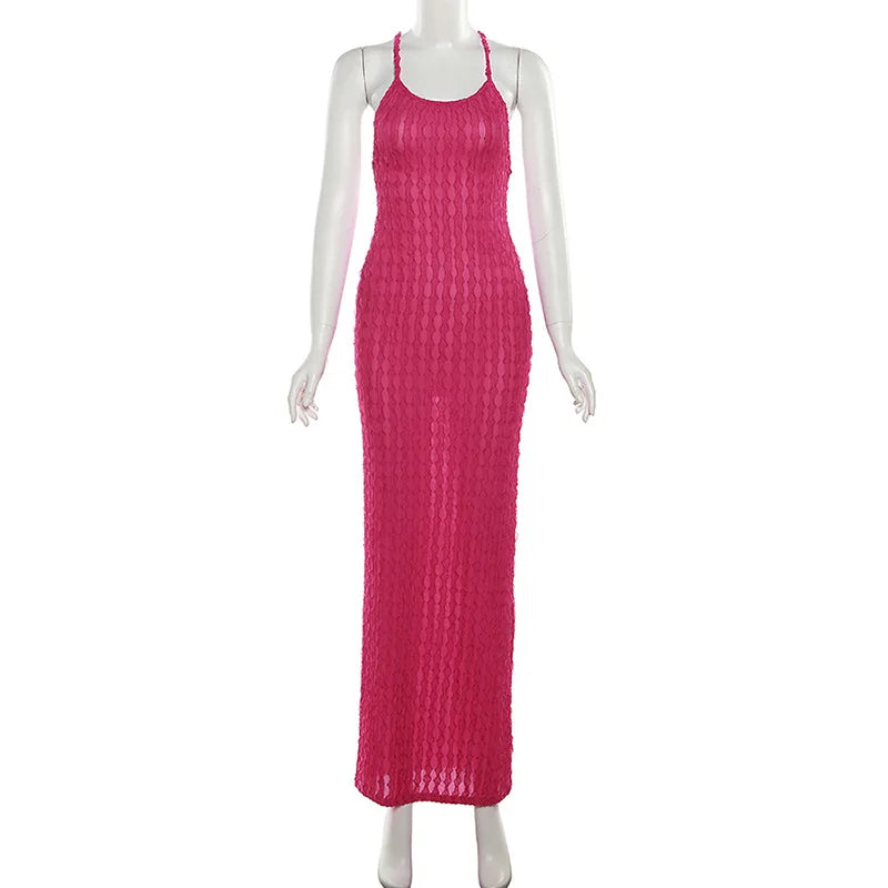 Sexy Streifen Rippen Stricken Schlank Bodycon Maxi Kleid Frauen Ärmellose Backless Lange Popcorn NDress Elegante Club Party Vestidos