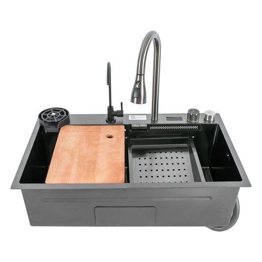 30"*18" Digital Display Waterfall Sink,Multifunctional Workstation Kitchen Sink,Kitchen Sink with Pull-Out Faucet