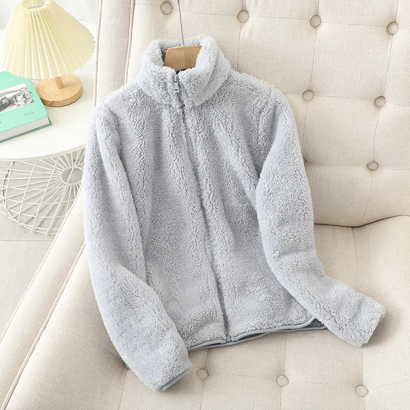 Damen-Fleecemantel, Winter, warm, verdickte Jacke, beidseitig zu tragen, doppelseitige Samt-Korallen-Fleece-Mäntel, Polar-Fleece-Jacken