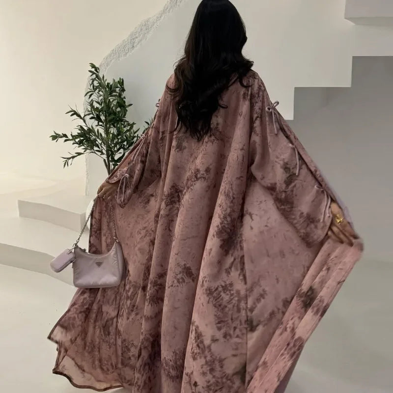 2025 sommer Arabisch Frauen Muslimische Kleidung Ramadan Dubai Offene Abaya Kleid mit Hijab Islam Gedruckt Chiffon 2 Stück Outfit