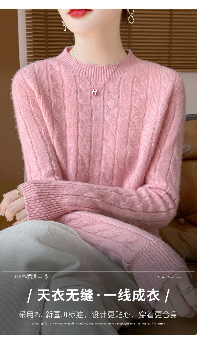 Frauen 100% Merino Wolle Verdickung Pullover Oansatz Gestrickte Twisted Pullover Herbst Winter Kaschmir Langarm Kleidung Basis Tops
