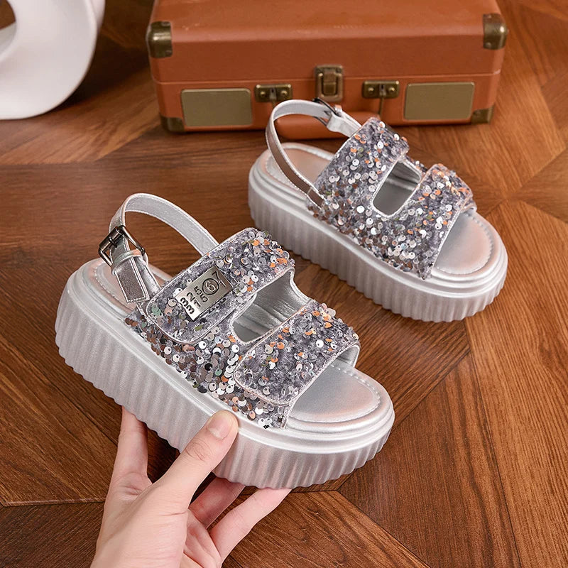 AUTUSPIN 6cm Women Flat Sandals Fashion Platform Ladies Shoes Bling Bling Sequined Cloth Female High Heels Chunky Rome Sandalias