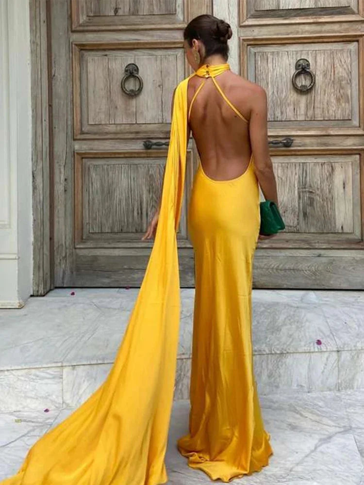 Band hängenden Hals lange Kleider schräg Schulter schnüren rücken frei seidig Satin Temperament Slim Fit Neck holder Frau Fischschwanz Kleid