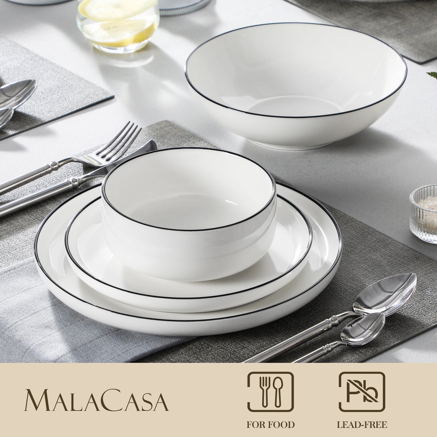 MALACASA 24/48Piece Ceramic Plates Black Rim Porcelain Dinnerware Set 6/12 Pcs Dinner/Soup/Dessert Plates/Bowl Service for 6/12.