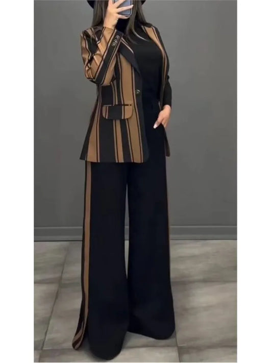 Women Striped Print Suits+pants Two Piece Sets Autumn Winter Casual Wide Leg Pants Sets Office Ladies Elegant Coats Outfits.