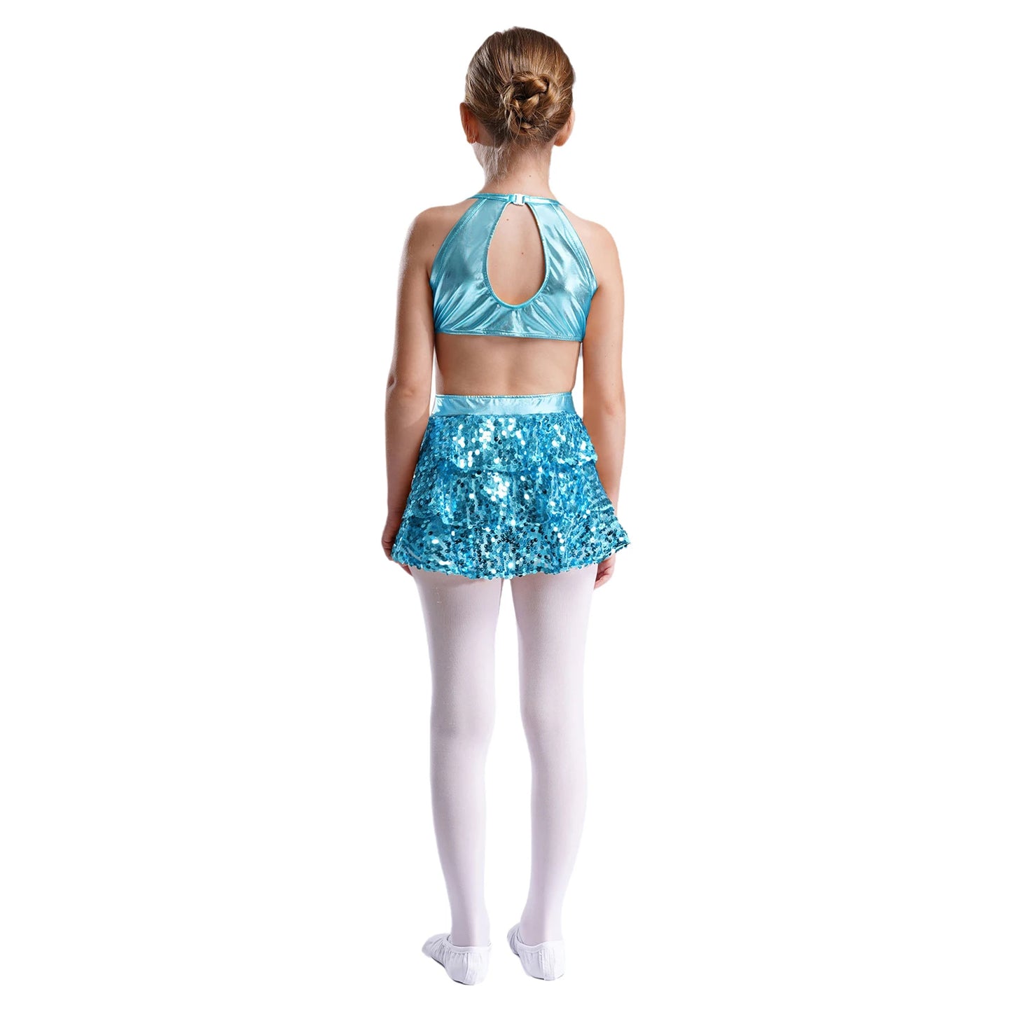 Kinder Mädchen Pailletten Jazz Ballett Tanzkleid Ärmellos Ausschnitt Tiered Rüschen Trikot Salsa Samba Rumba Skating Performance Kostüm
