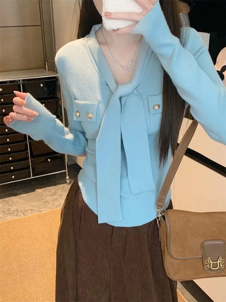 Frauen Frühling Herbst Einfachheit Büro Dame V-ausschnitt Einfarbig Langarm Strickwaren Damen Mode Alle-spiel Temperament Tops