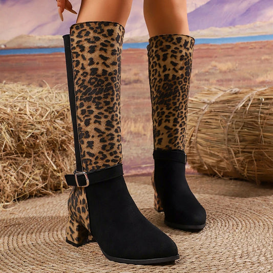 Plus Size 43 Leopard Print Women's Long Boots Mix Color Thick High Heels Boots Woman Autumn Winter Fashion Knee High Botas Mujer.