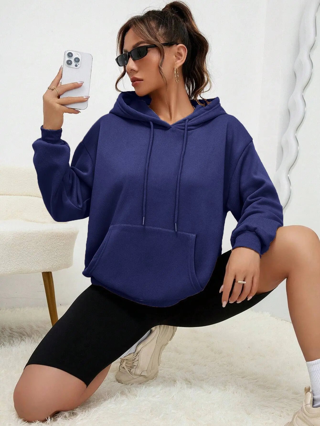 Einfarbiger Hoody für weibliche Herbst modische Kleidung lässige Fleece Tasche Hoodies mehrfarbige Unisex Frauen Streetwear