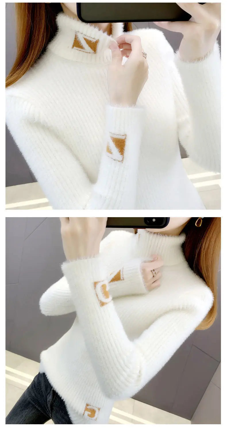 Hoher Kragen Pullover Pullover Frauen Nerz Brief Jacquard Unterlage Solide Western Stricken Unterwolle Herbst Winter Pullover Pullover