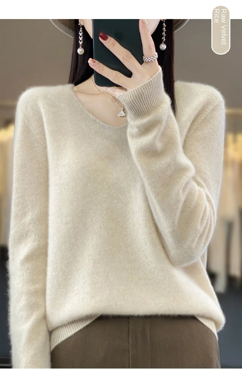 2024 100% Merino Reine Wolle V-ausschnitt Herbst Und Winter Pullover Pullover Neue Kaschmir Pullover frauen Beiläufige Gestrickte Top DMR201