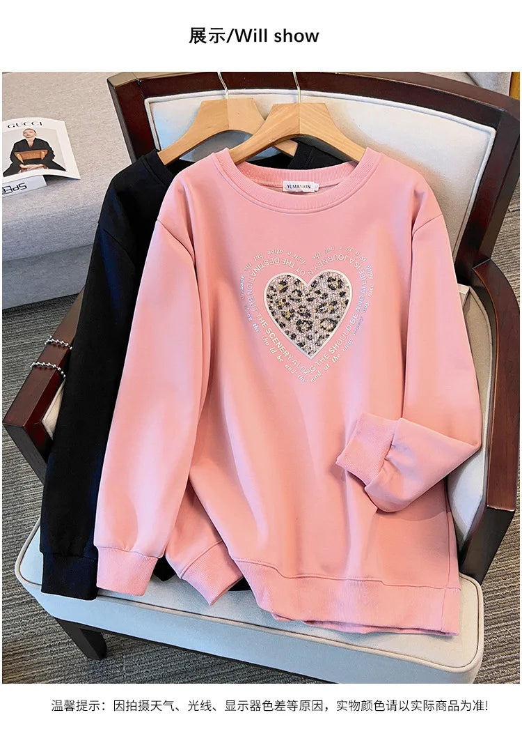175 kg Plus Size Damen Büste 170 Frühling Herbst Lose Rundhals Langarm Bedrucktes Sweatshirt Schwarz Rosa 5XL 6XL 7XL 8XL 9XL