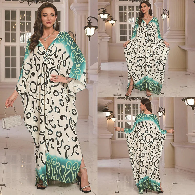 Kaftan-Kleider für Damen, Wellenhals-Badeanzug, Überwurf, Kaftan-Kleid, Übergröße, übergroßes langes Strandkleid