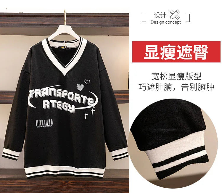 150Kg Plus Größe frauen Fehlschlag 157 Frühling Herbst Lose V-ausschnitt Langarm Drucken Sweatshirts Lässige Top Schwarz 5XL 6XL 7XL 8XL 9XL