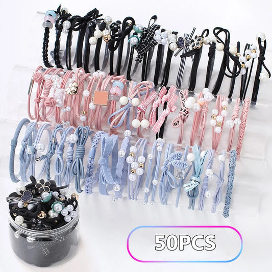 50/12PCS Women Elastic Hair Ties Pearls Fashion Girls Scrunchies Ponytail Holder Rubber band Hair Rope Hair Accessories.