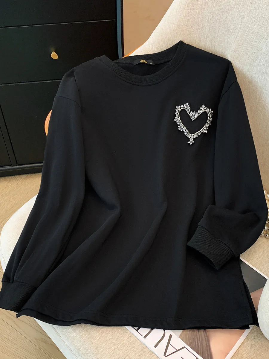 150 kg Übergröße Damen Büste 155 Frühling Herbst Lose Sweatshirt mit hellem Diamantherz Schwarz 5XL 6XL 7XL 8XL 9XL
