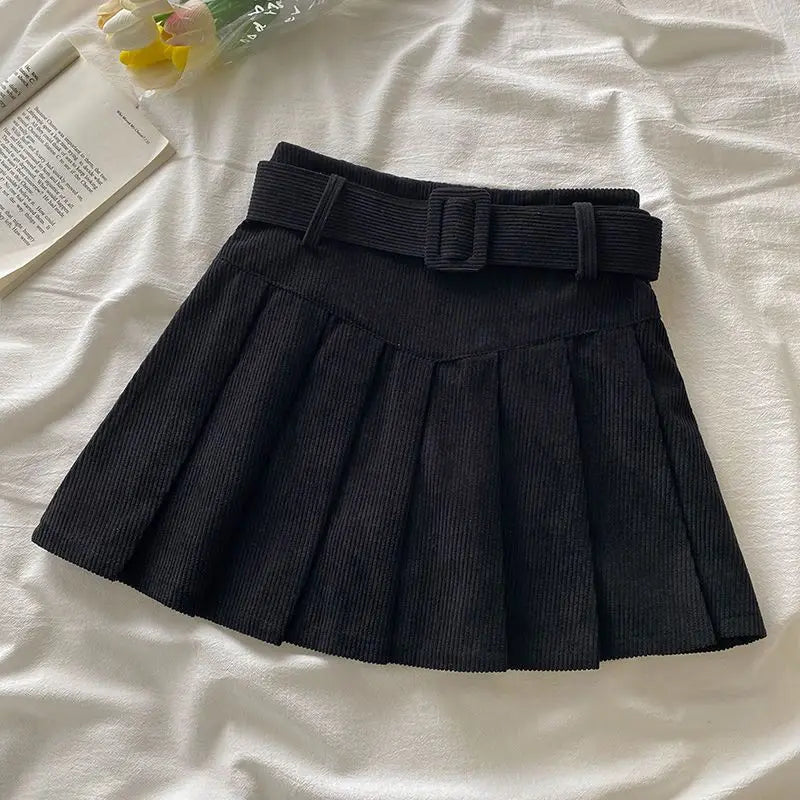 Pleated Mini Skirts Women Japan Students Corduroy Preppy Style Autumn Winter Basic Solid Bottoms Chic Vintage JK Slim All-match