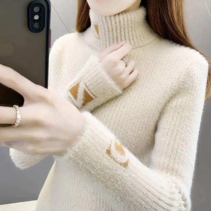 Hoher Kragen Pullover Pullover Frauen Nerz Brief Jacquard Unterlage Solide Western Stricken Unterwolle Herbst Winter Pullover Pullover