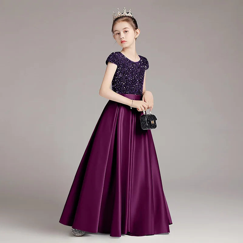 Mädchen-Klavierkleid, graues Pailletten-langes Performance-Kleid, Prinzessinnenkleid, Kinder-Host-Show-Performance-Kleid, Sommer
