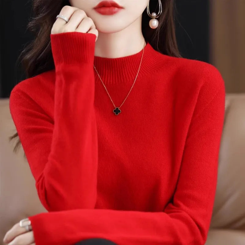 Herbst Winter Frauen Pullover Koreanische Mode Warme Bodenbildung Shirts Halb Hohe Kragen Grundlegende Strickwaren Solide Langarm Pullover