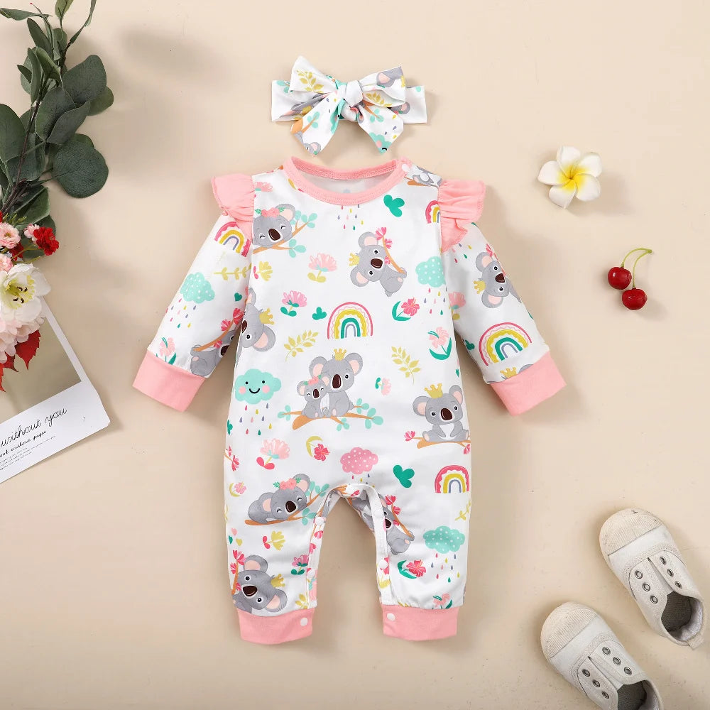 Neugeborenes Baby-Body für Mädchen, süßer kleiner Koala-Body + Stirnband, 2 Stück, passend für 1–12 Monate, Baby-Frühlings- und Herbst-Crawler-Anzug