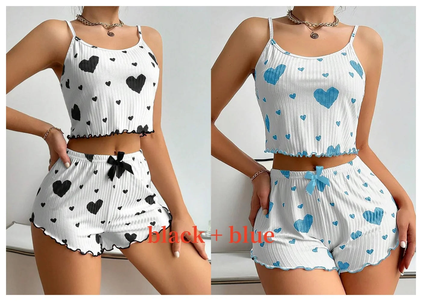 Damen-Pyjama-Set, Nachtwäsche, 2-teilig, kurze Tanktops und Shorts, S, M, L, weiß, belüftet, weich, lässig, Liebesdruck