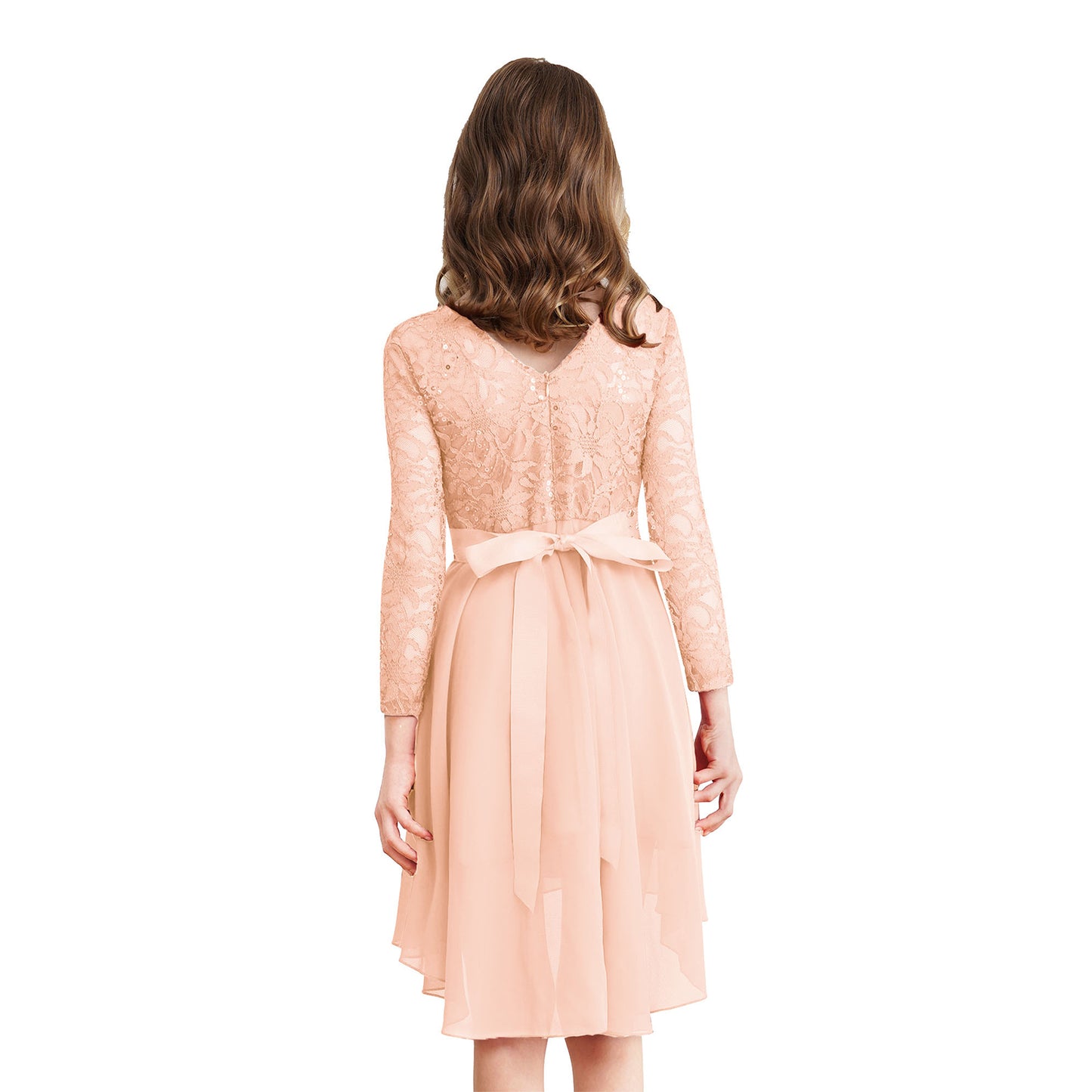 Elegantes Spitzen-Partykleid für Kinder, Mädchen, Chiffon, Spleißen, langärmelig, Kleid mit hohem und niedrigem Saum und Strass-Schärpe für Hochzeit, Geburtstag