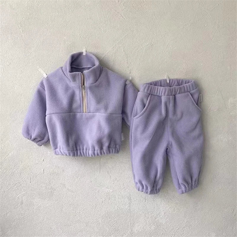 Kids Fleece Warm Set Winter Plus Velvet Outfits Long Sleeved Pullover Tops+Pants 2Pcs Autumn Children's Casual Clothing Suits