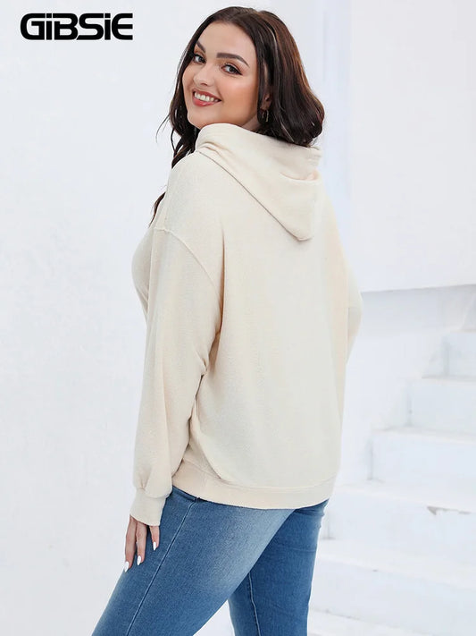Gibsie Plus Size Frauen Hoodies Herbst Winter solide Kordel zug Kapuze Sweatshirts Känguru Tasche Fleece lässig Frauen Top.