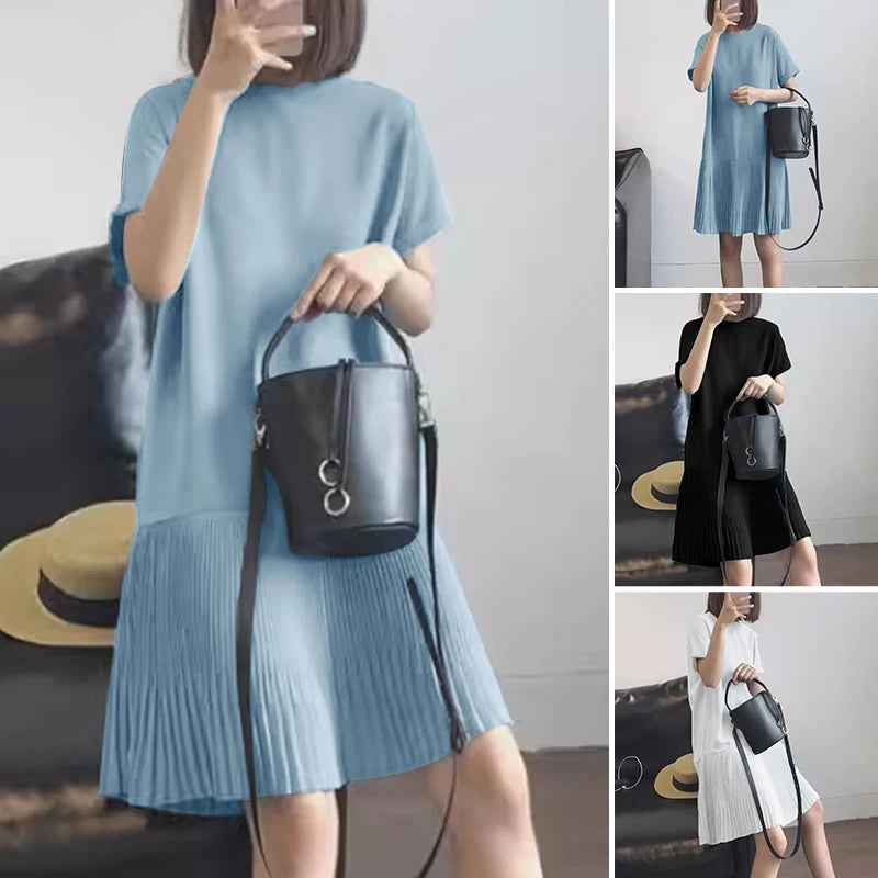 Zanzea lässig solide plissierte Kleid Frauen Sommer Kurzarm knielange Robe 2024 koreanische lose einfache Patchwork Vestido Overs ize