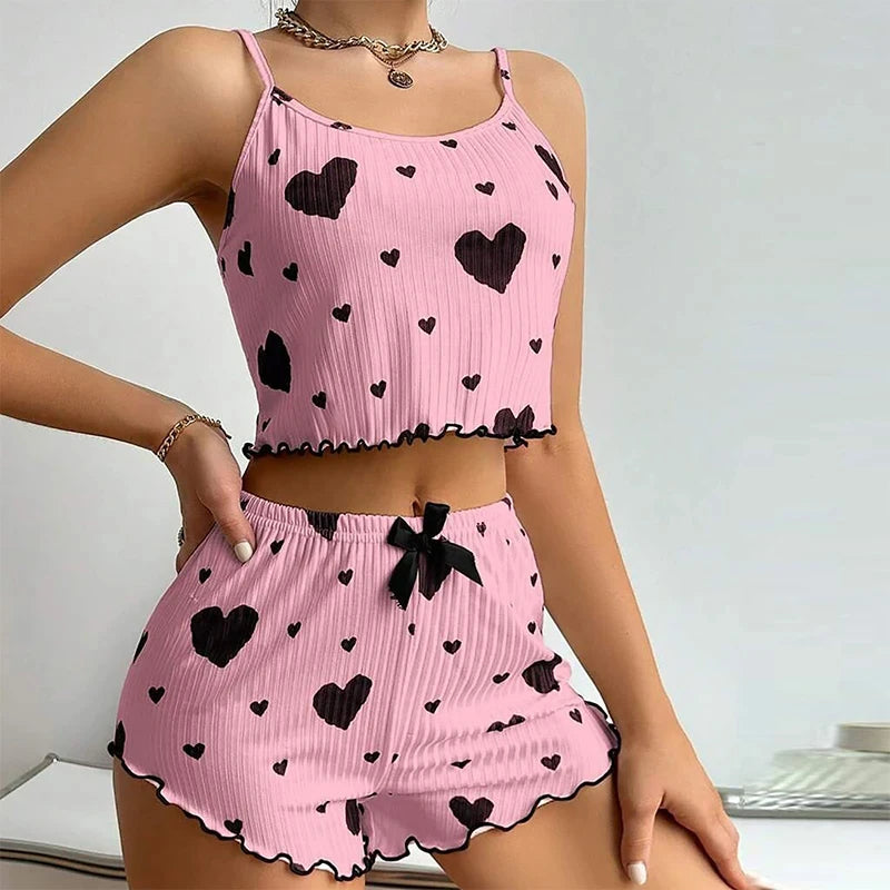 Sexy Herz Druck Pyjama Set Frauen Nachtwäsche Trendy Mode Lounge Tragen Nachtwäsche Zwei Stück Set Homewear Pyjamas