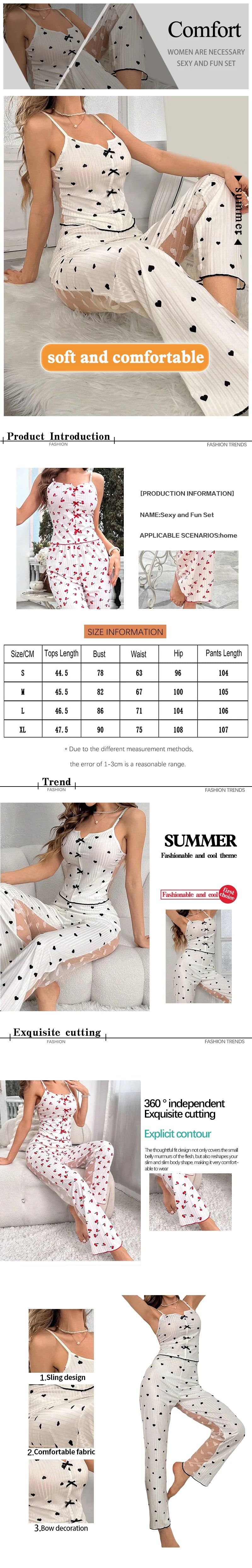 2-teiliges Damen-Set aus sexy transparenter Mesh-Spitze mit geripptem, bedrucktem Trägeroberteil und Hose, Heimkleidung, Pyjama-Set