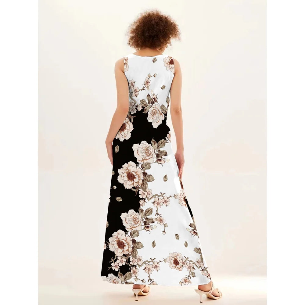 Blumendruck Neues lässiges ärmelloses langes Kleid Damen V-Ausschnitt bedrucktes Kleid Swing Bohemian Retro Kleider