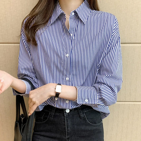 1pcs Woman Four Season Stripe Shirts Lady Casual Long Sleeve Turn-down Collar Loose Shirt Female Business Attire Korean Tops.