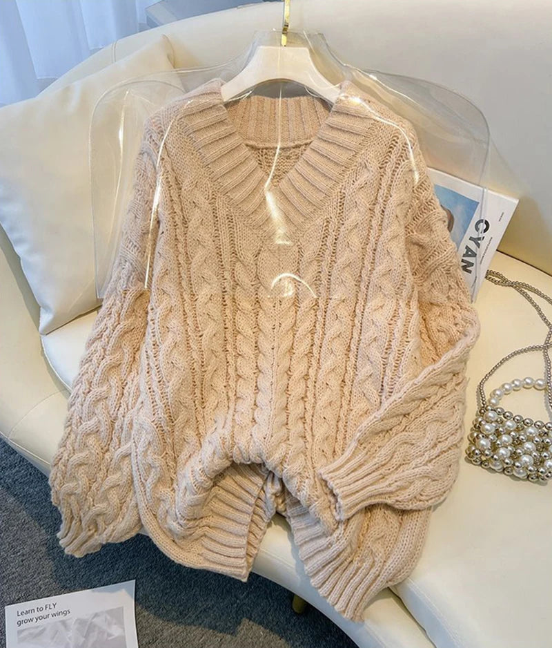 MEXZT Harajuku Pullover Frauen Mode Übergroßen Rosa V-ausschnitt Gestrickte Pullover Koreanische Langarm Strickwaren Winter Casual Jumper