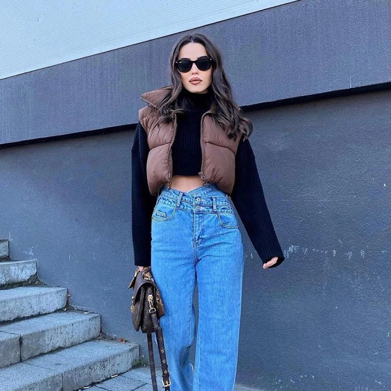 Herbst und Winter Damen kurze Baumwolle Daunenweste kurze Stehkragen warme ärmellose Steppweste Outdoor-Reisejacke Tops