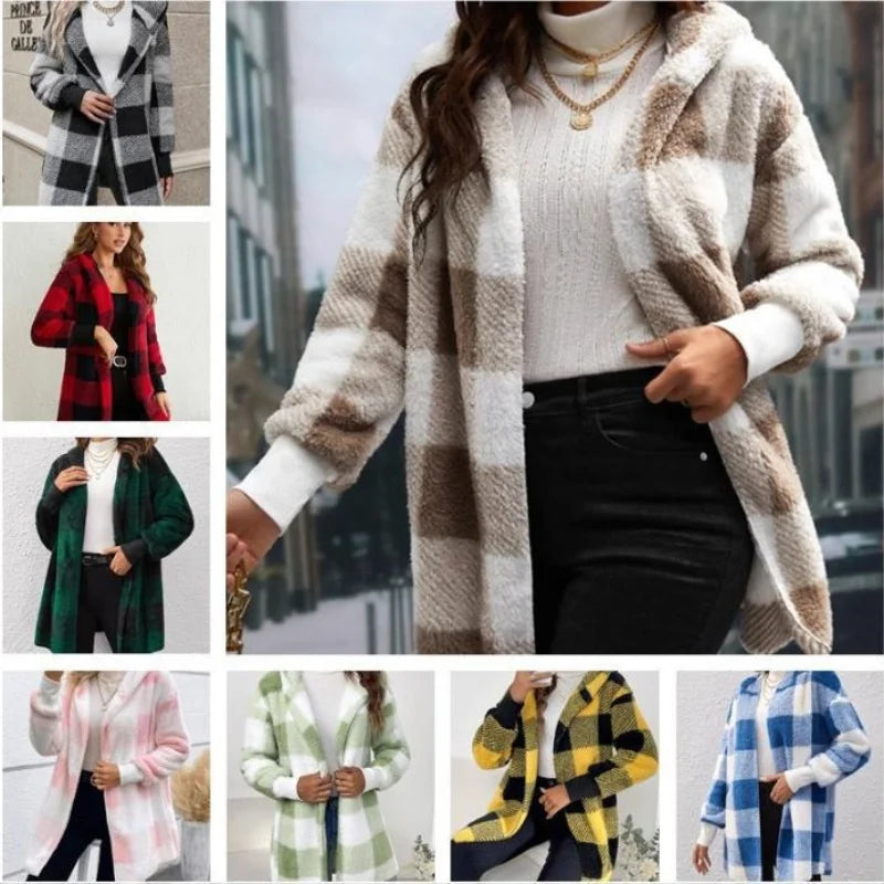 Frauen Herbst Winter Doppel Fleece Plaid Strickjacke Weiche Lose Lange Hülse Plüsch Warme Mit Kapuze Jacke Weibliche Patchwork Oberbekleidung Mantel