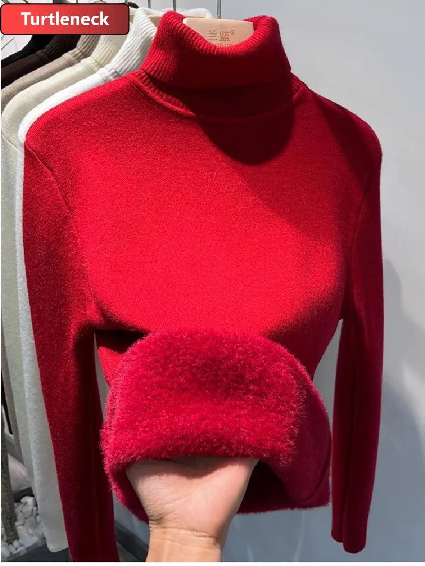 Pullover Für Frauen Winter Verdicken Rollkragen Schlank Stricken Pullover Neue Warme Plüsch Samt Gefüttert Strickwaren Jumper Tops Casual Poleras